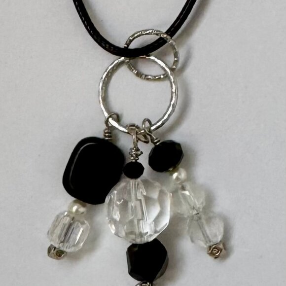 Necklace handmade 3 tier dangle silvertone hamsa clear black glass/beads OOAK - Picture 6 of 9